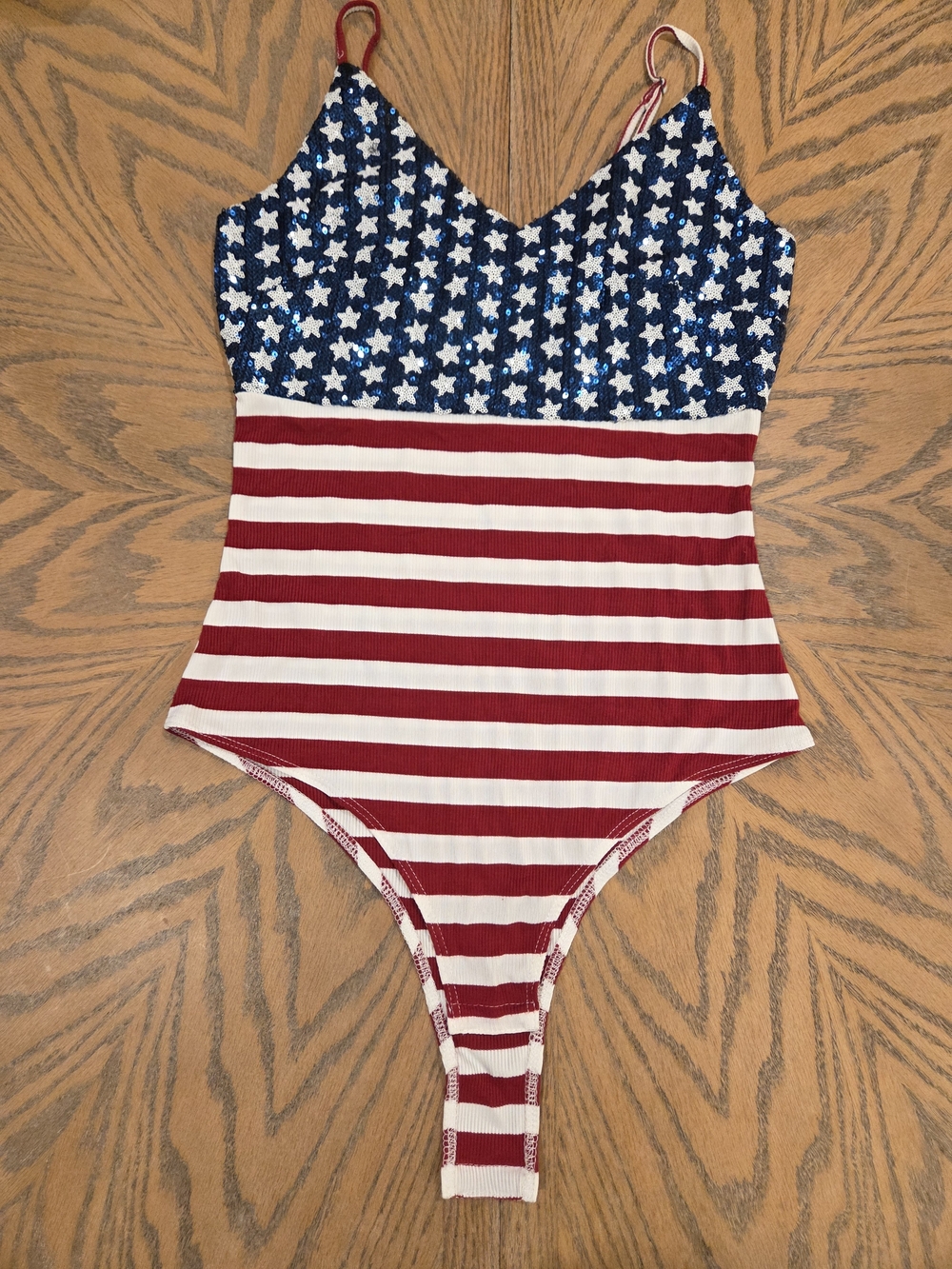 American Flag Patriotic Sequin Bodysuit 4th of July Festival Rave USA Bear Dance